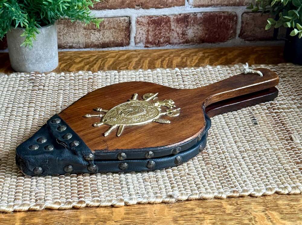 Vintage Wooden Fireplace Bellows | Brass Perseus Medusa Crest